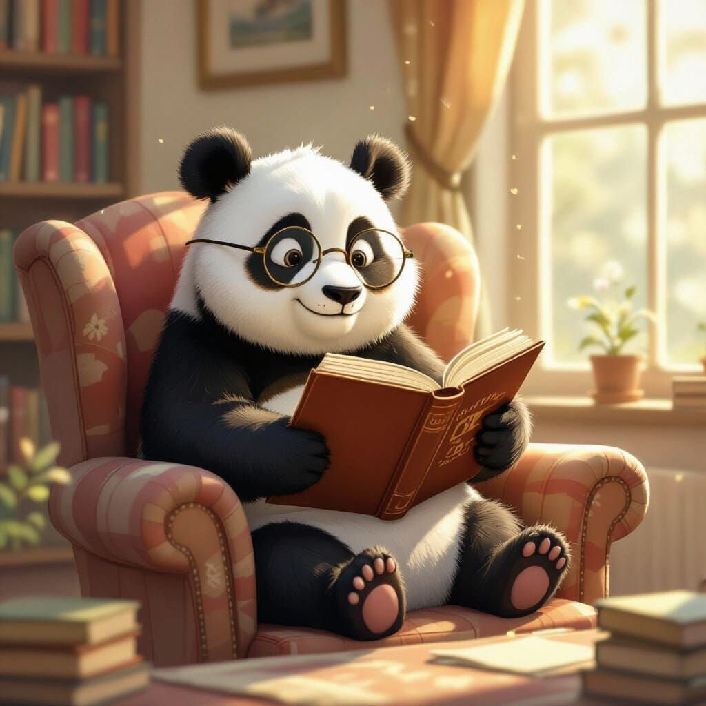 Joyful Panda Reads Ancient Book in Dappled Sunlight