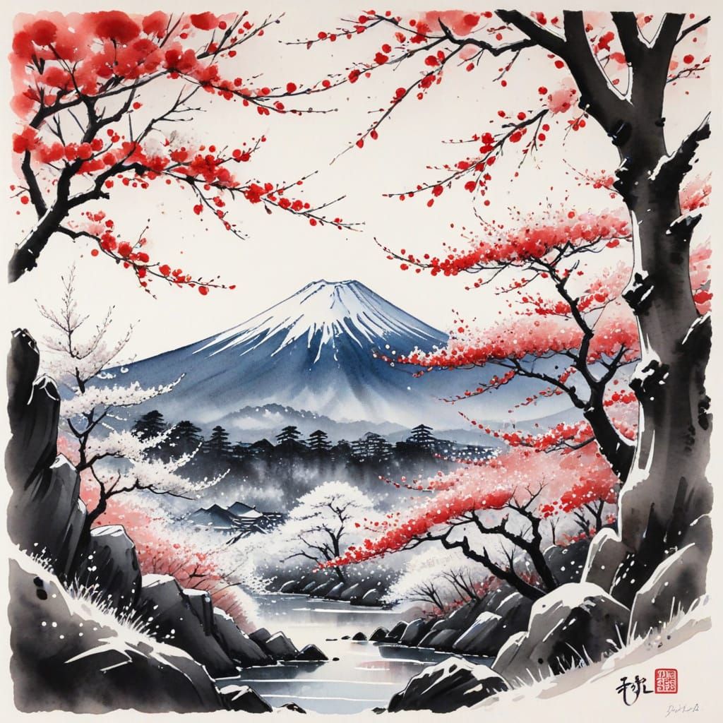 Traditional Japanese Art of Snowy Fuji Through Blossoms