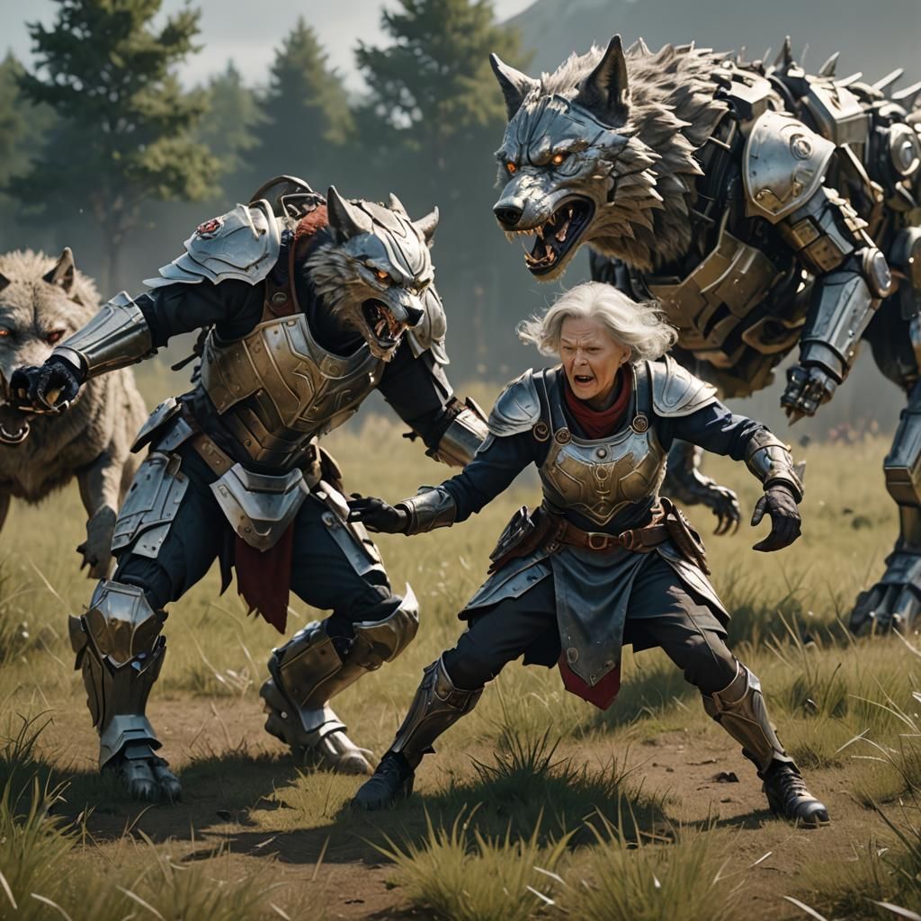 Elderly Woman Warrior Confronts Wolf in Hyperrealistic Illus...
