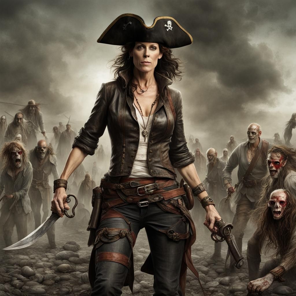 Pirate Woman Battles Zombies in Apocalyptic Scene