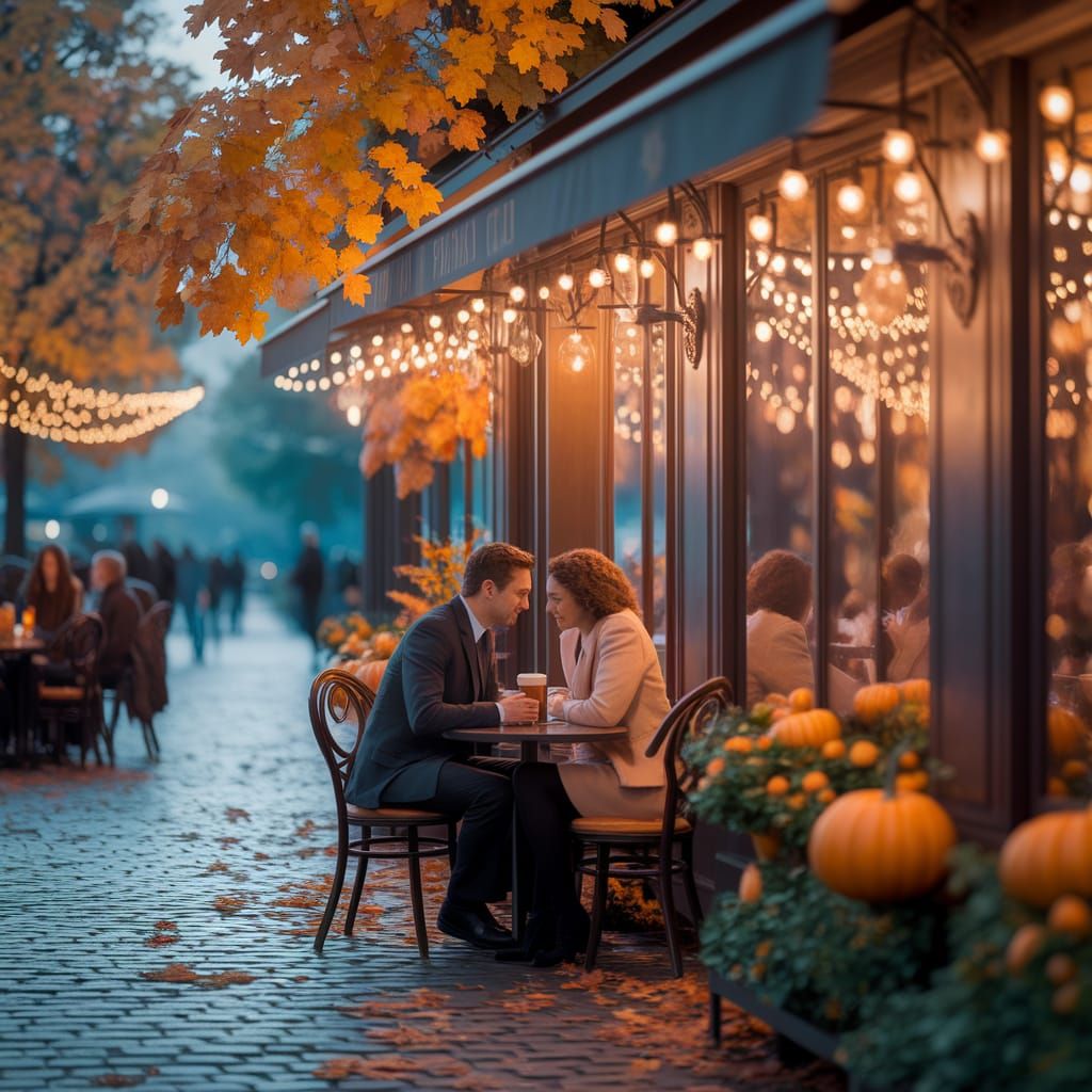 Cafe Scene in Berthe Morisot Style with Fairy Lights
