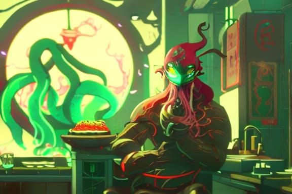 Sad Cthulhu Eats Ramen in Sovietpunk Tokyo