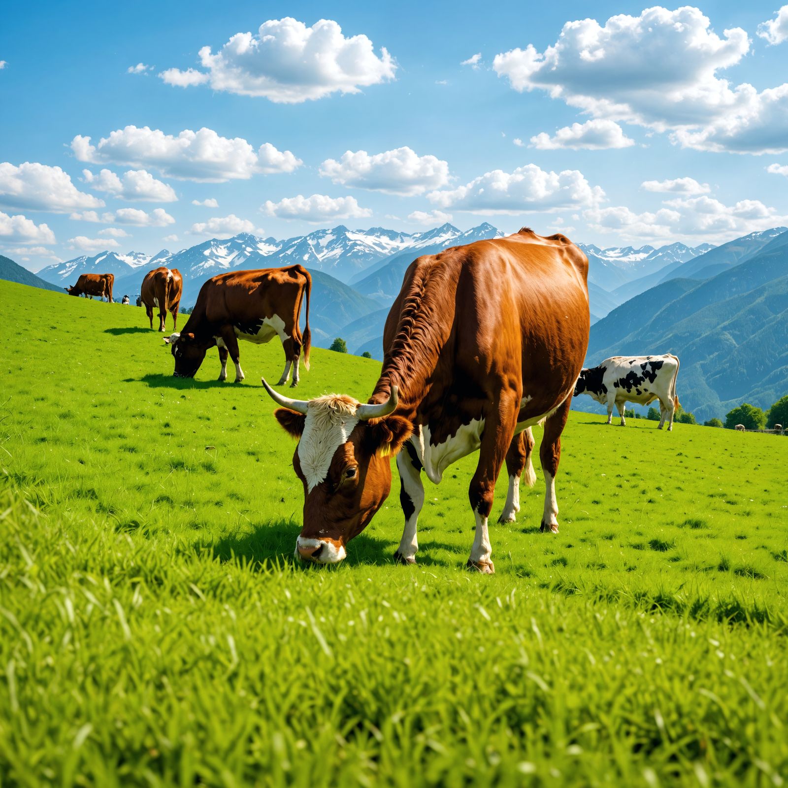 Hyperrealistic Cows in a Detailed Landscape
