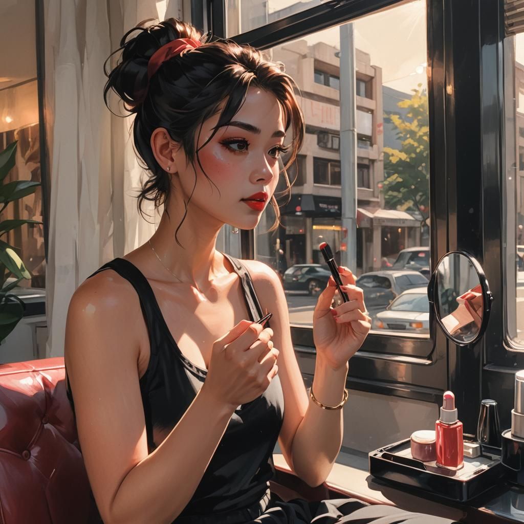 Anime Girl Applying Lip Gloss in Car