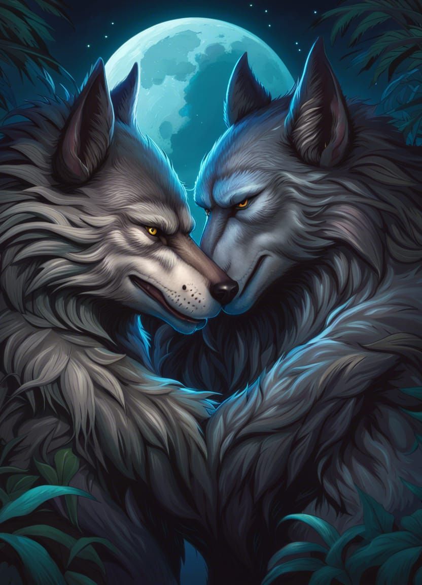 Fluffy Werewolves Hugging Under Full Moon, Comic Style