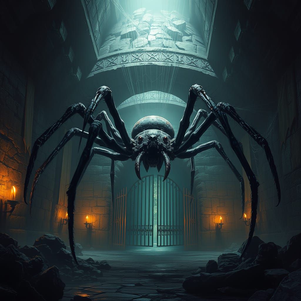 Gothic Dungeon Scene with Giant Spider