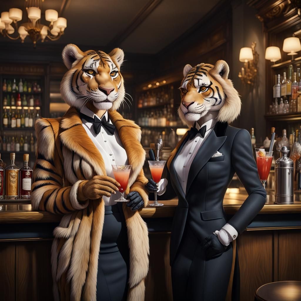 Anthropomorphic Lioness and Tigress at Luxe Bar