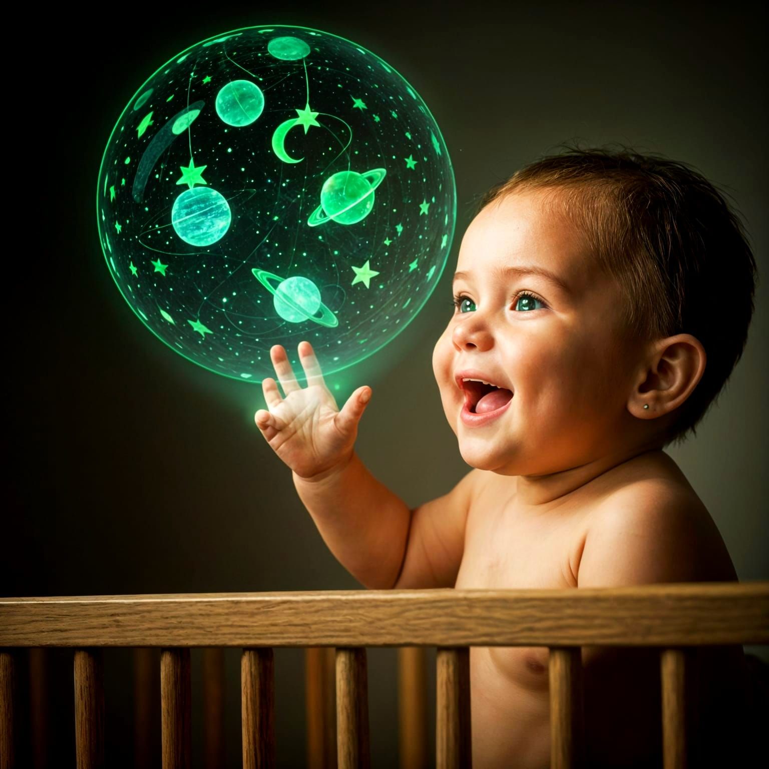 Laughing Baby Interacting with Holographic Mobile