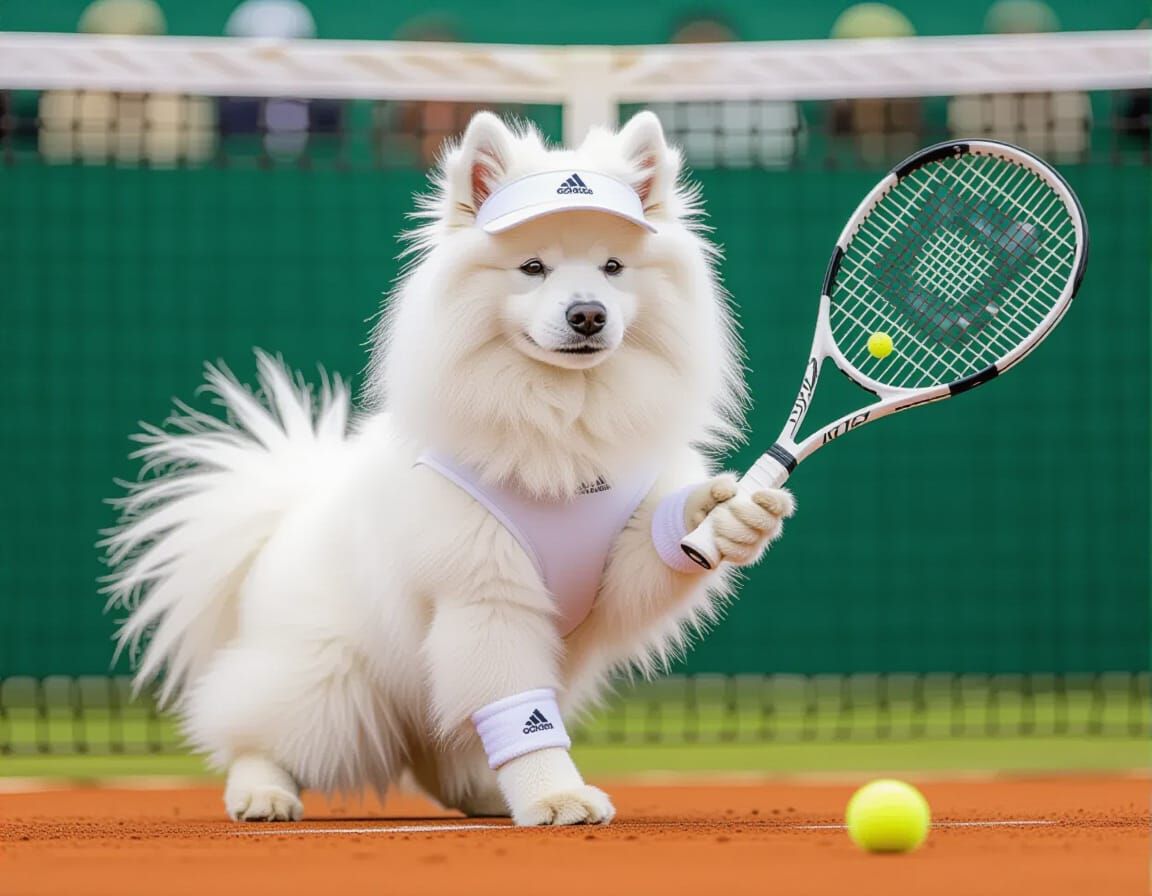 A fluffy white samoyed dog wearing an all-white tennis outfit