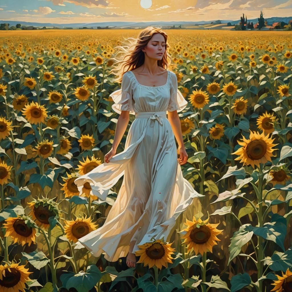 Sunflower Field: Post-Impressionist Painting with Volumetric...
