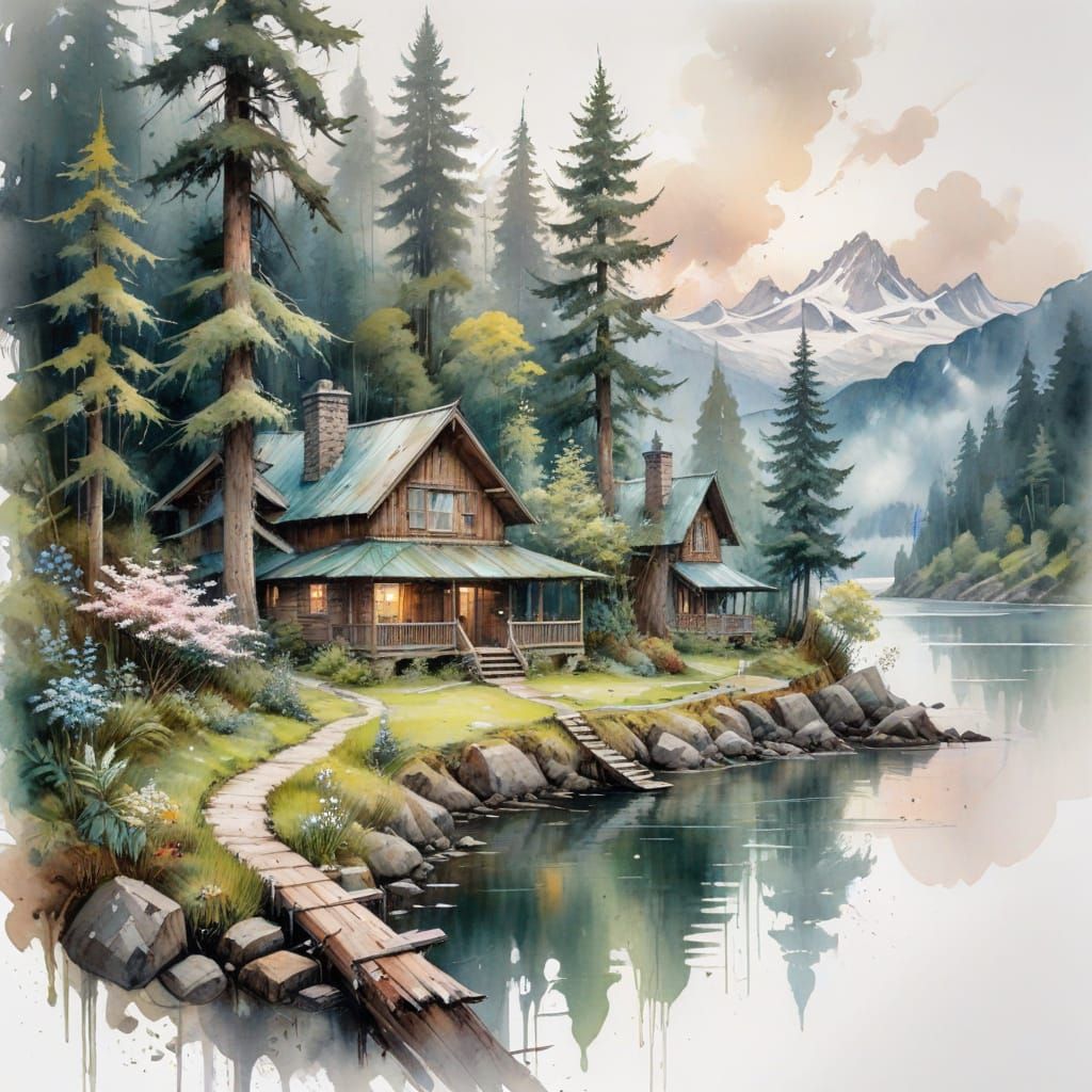 Lakeside Community: A Watercolour Dreamscape