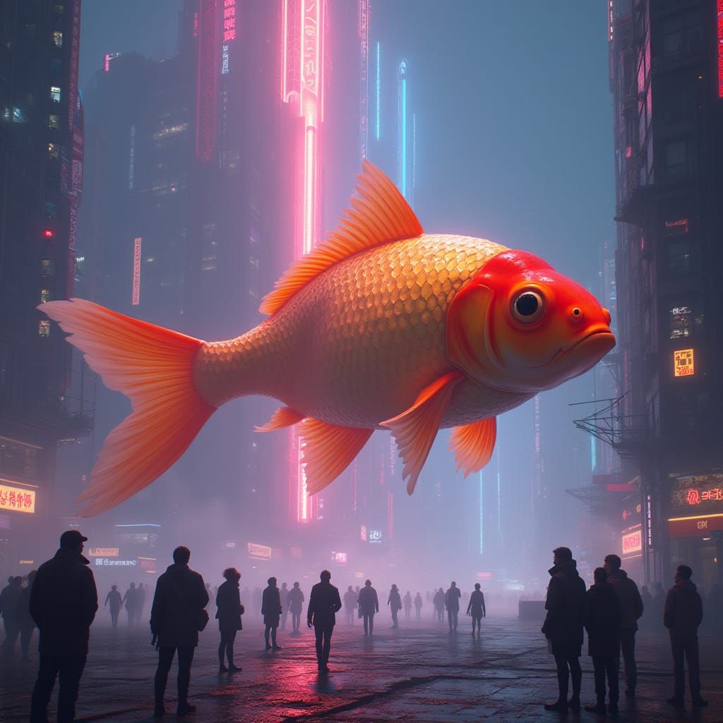 Giant Goldfish Soars Over Neon City in Sci-Fi Art