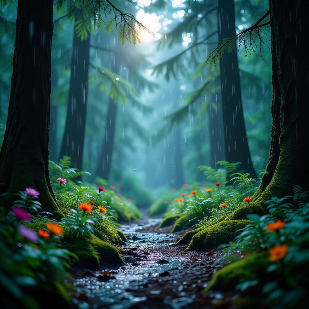 Enchanted Rainy Night: A Macro Fairy Forest