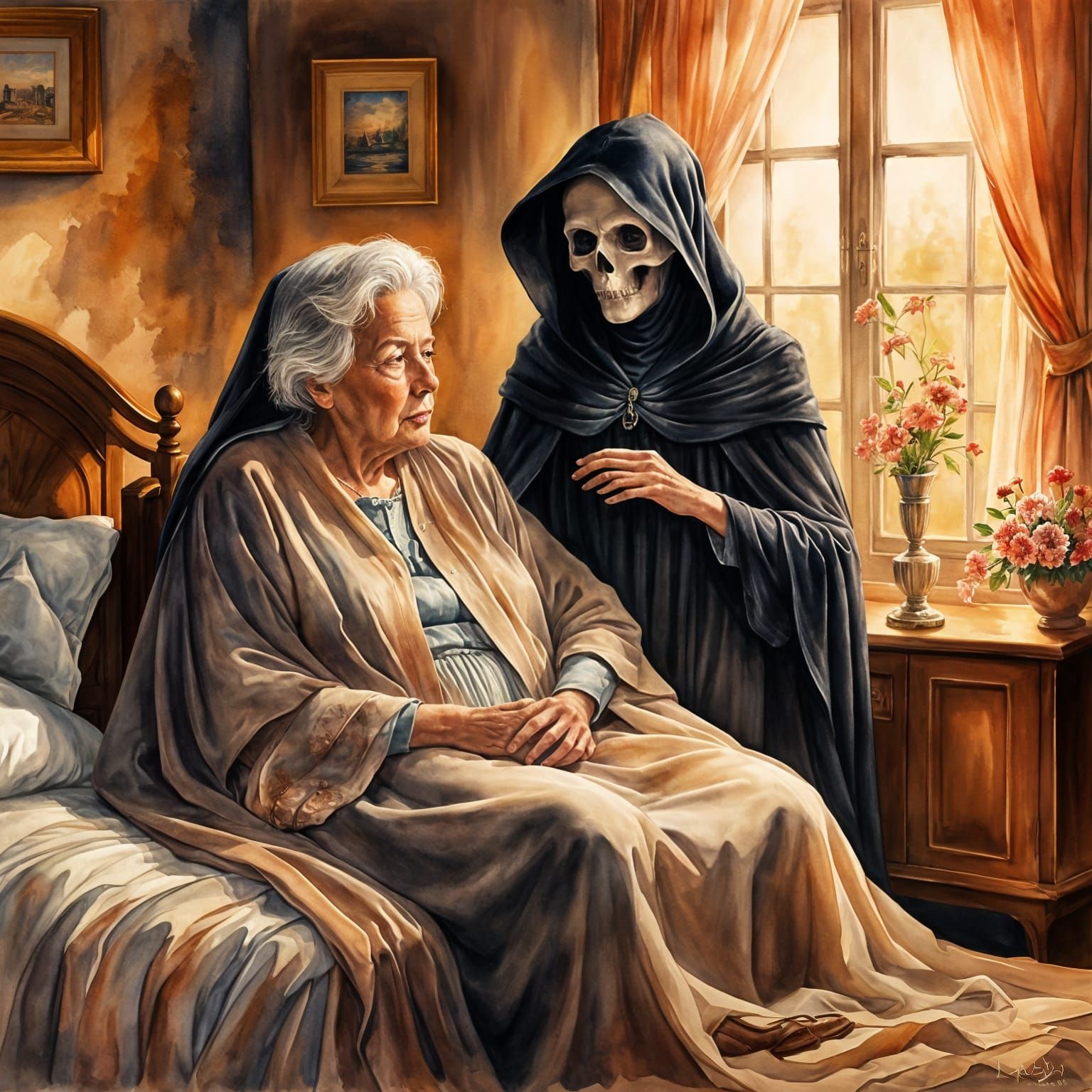 Serene Grim Reaper Watercolor Painting