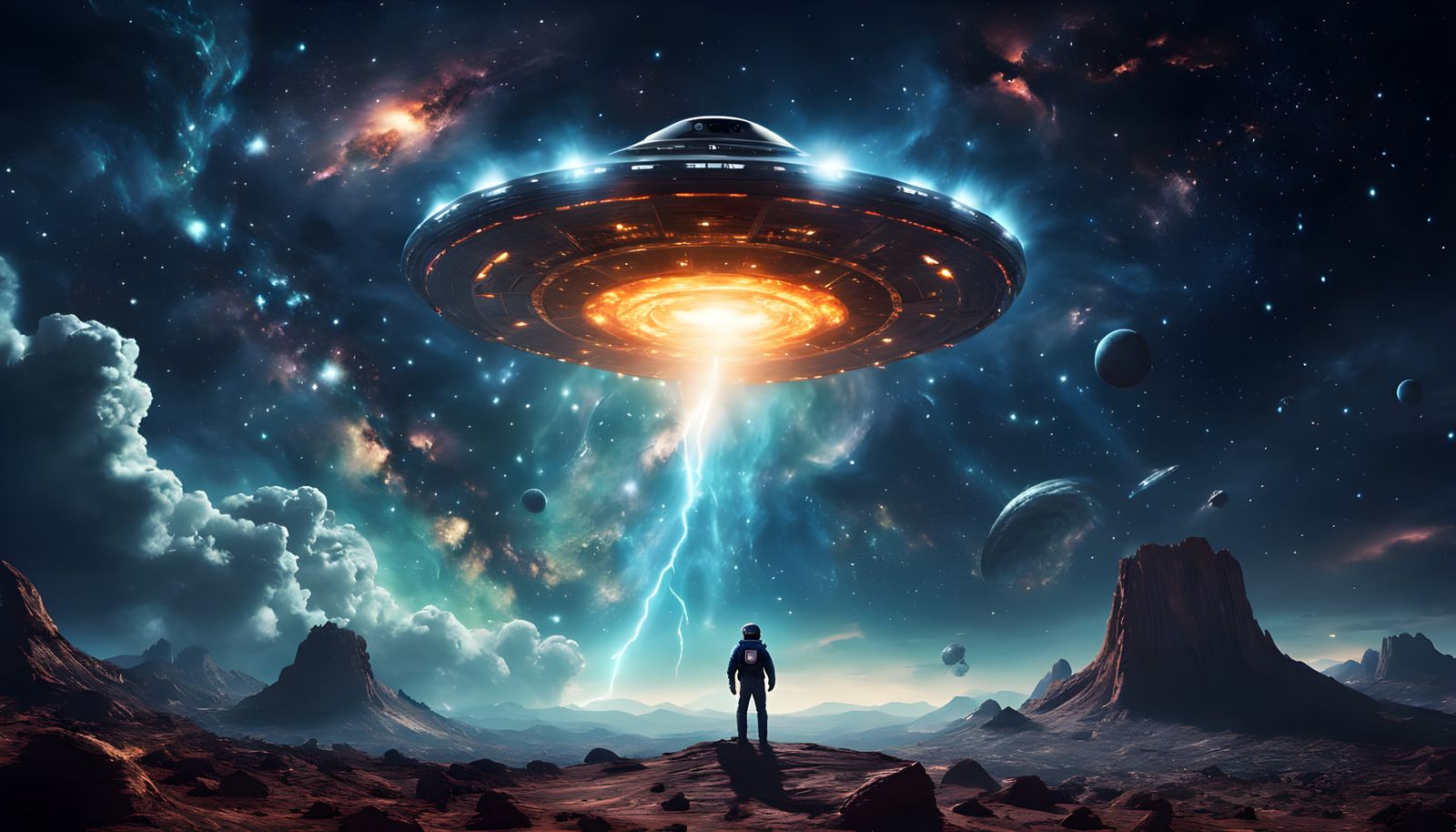 UFO in Space Nebula in Hyperrealistic Style