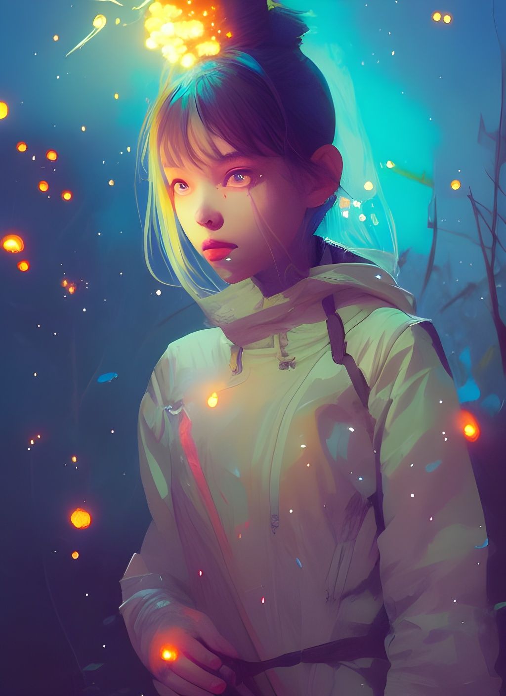 Girl with Fireflies: Digital Portrait in Vibrant Colors