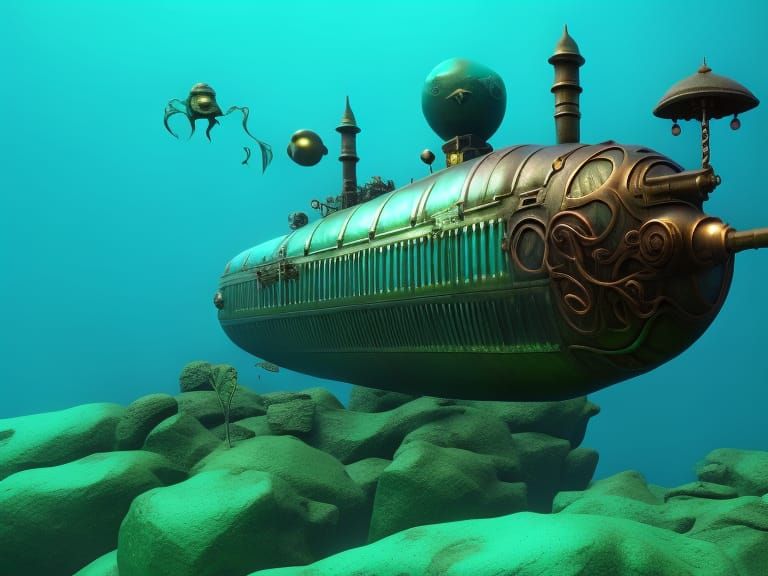Steampunk Submarine in Deep Ocean Ravine, Photorealistic