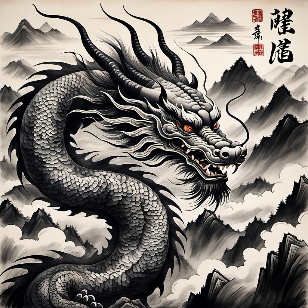 Majestic Chinese Dragon in Ink Wash Painting