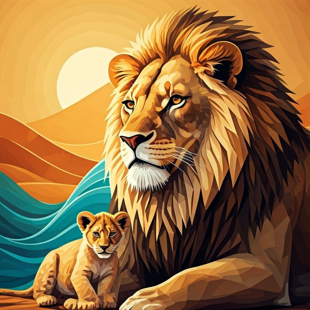 Cubism lioness and her cub in the African desert