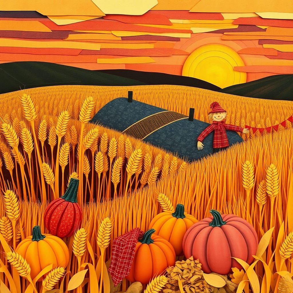 Autumn Harvest Paper Collage at Sunset