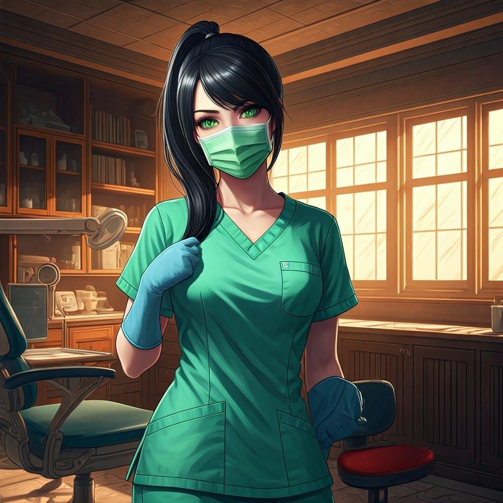 Anime-Style Dentist in Green with Ponytail