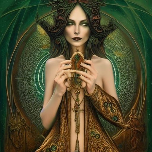 Dark Fantasy Woman with Tarot Cards in Oil Painting