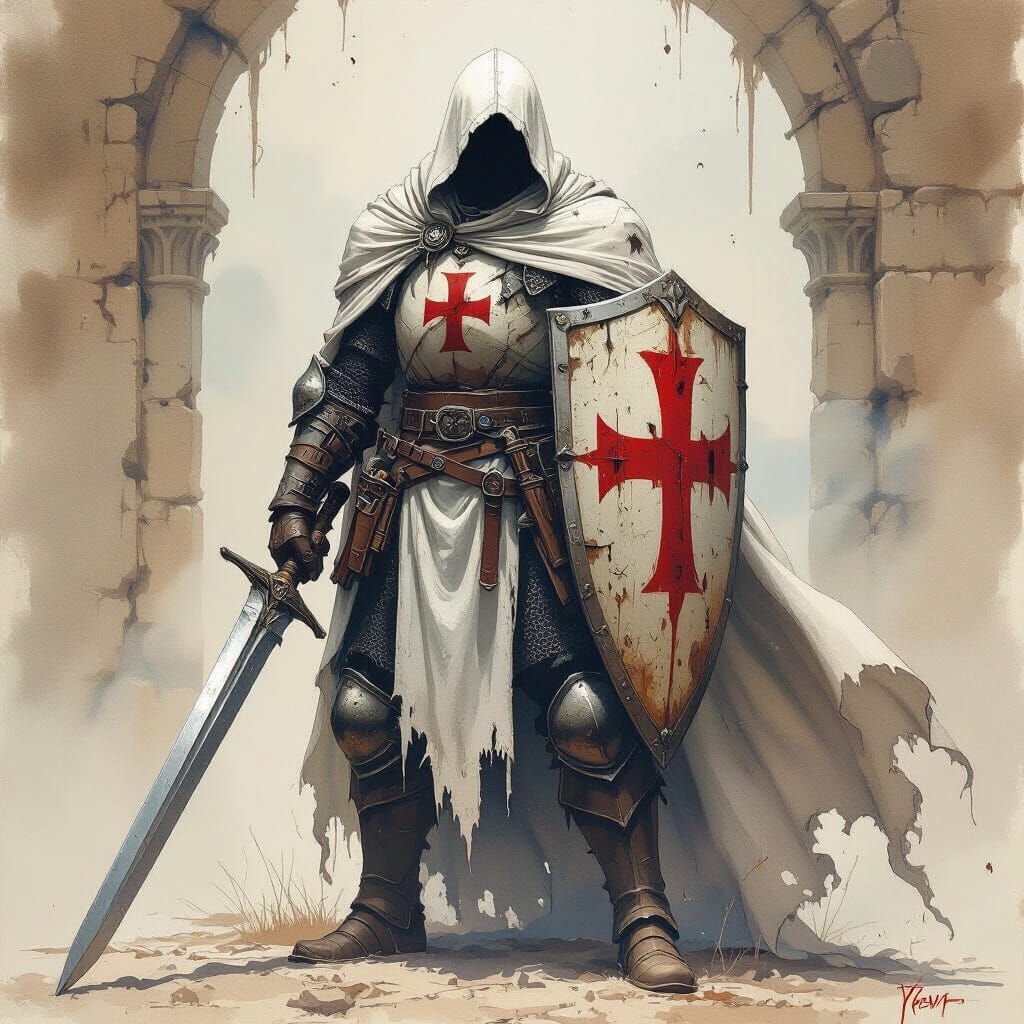 Medieval dark fantasy style, Towering Templar Knight, scarre...