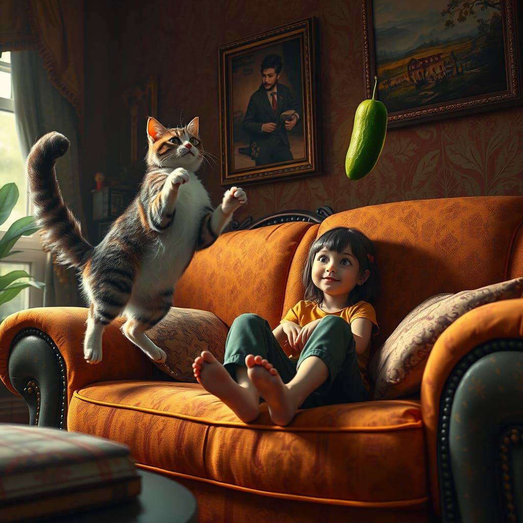 Startled Cat and Cucumber: Fantasy Concept Art