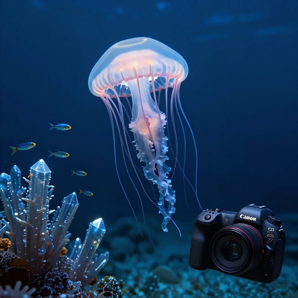 Bioluminescent Jellyfish in Alien Ocean Depths