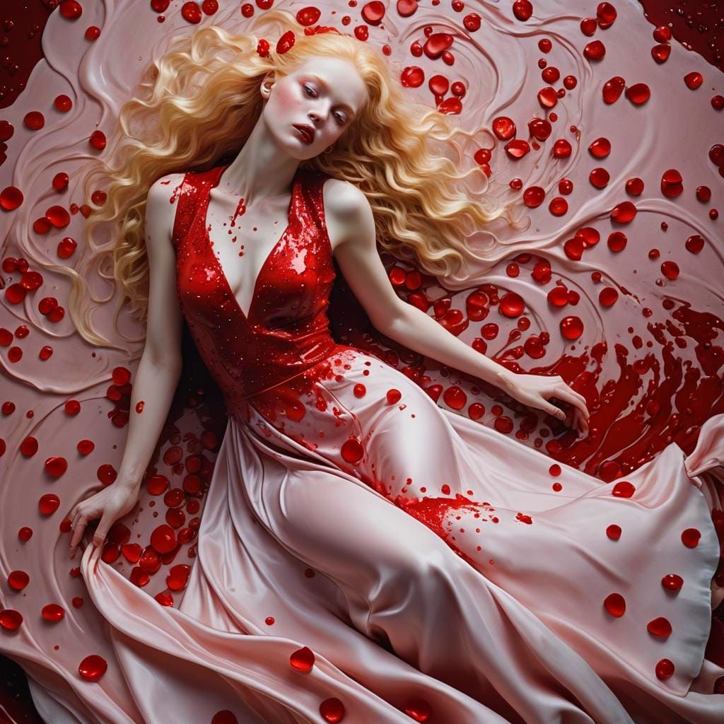 Glossy Albino Supermodel in Red Silk Dress