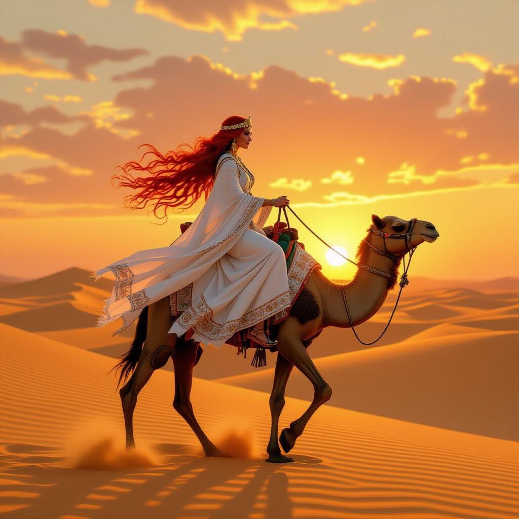 Red-Haired Arabic Princess on Camel at Sunset