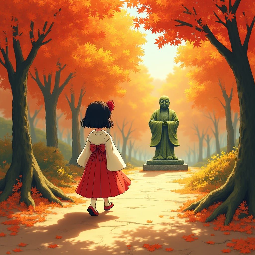 Autumnal Serenity: Girl in Japanese Landscape