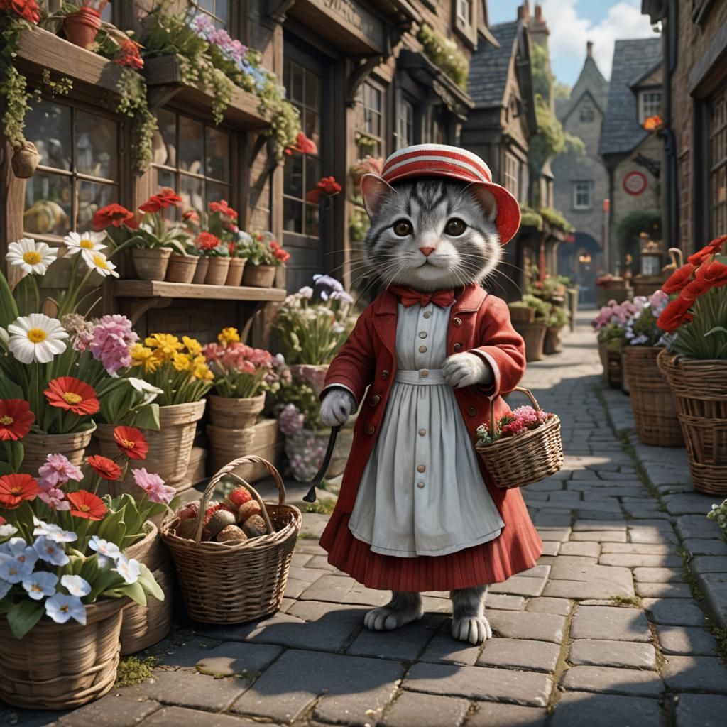 Charming Victorian Village Scene with Kitten, Fine Art