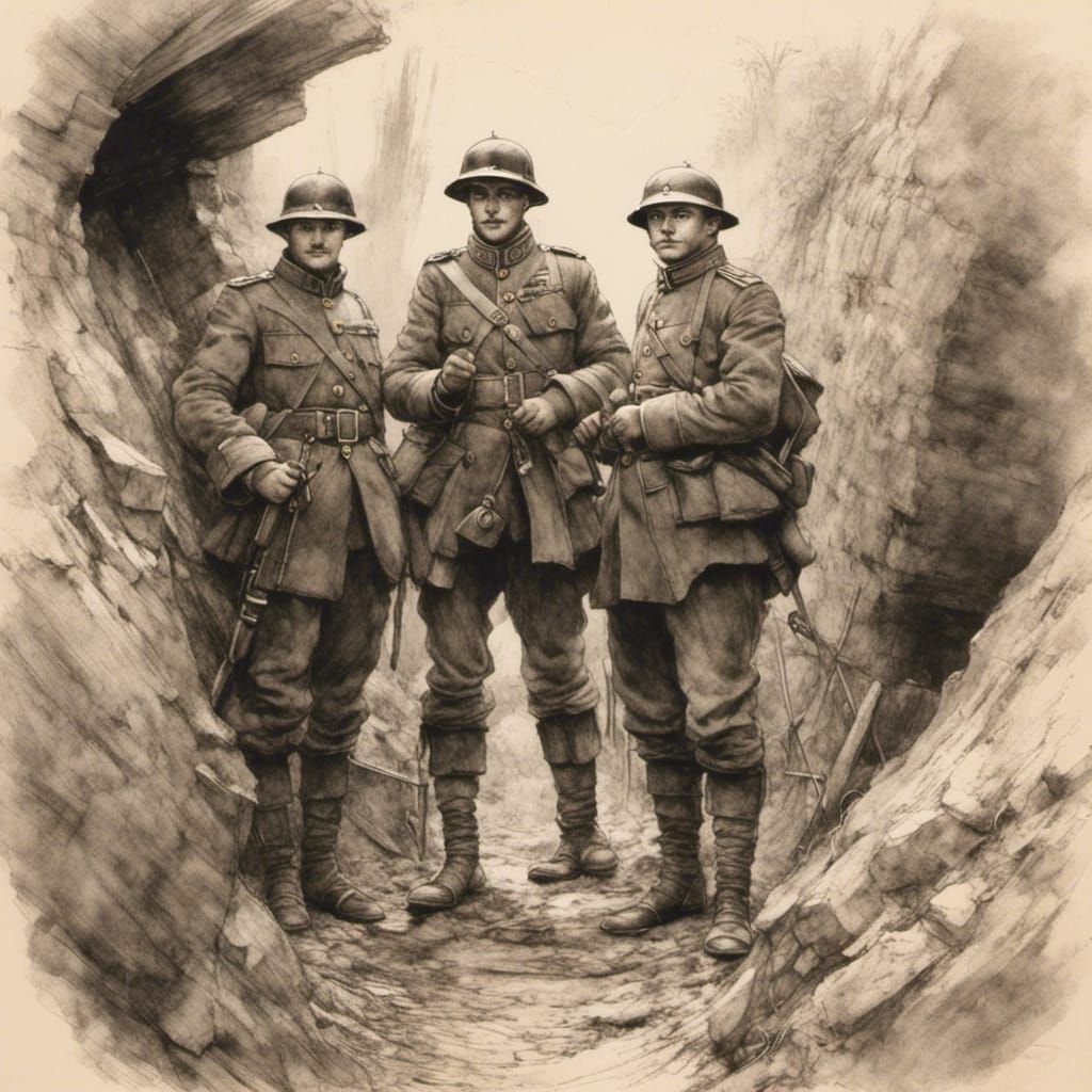 WW1 German Soldiers in Trench Sketch Art