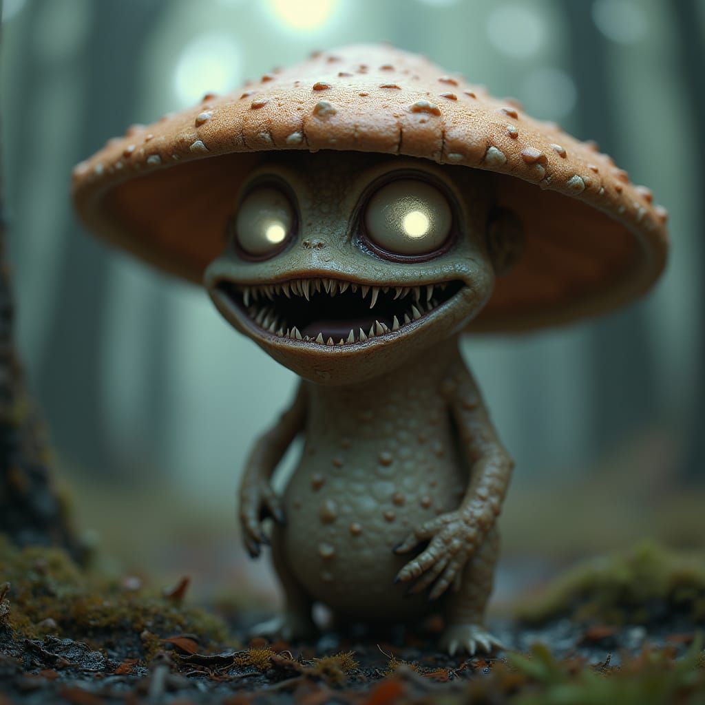 Creepy Mushroom Person in Surreal Low-Poly 3D Style