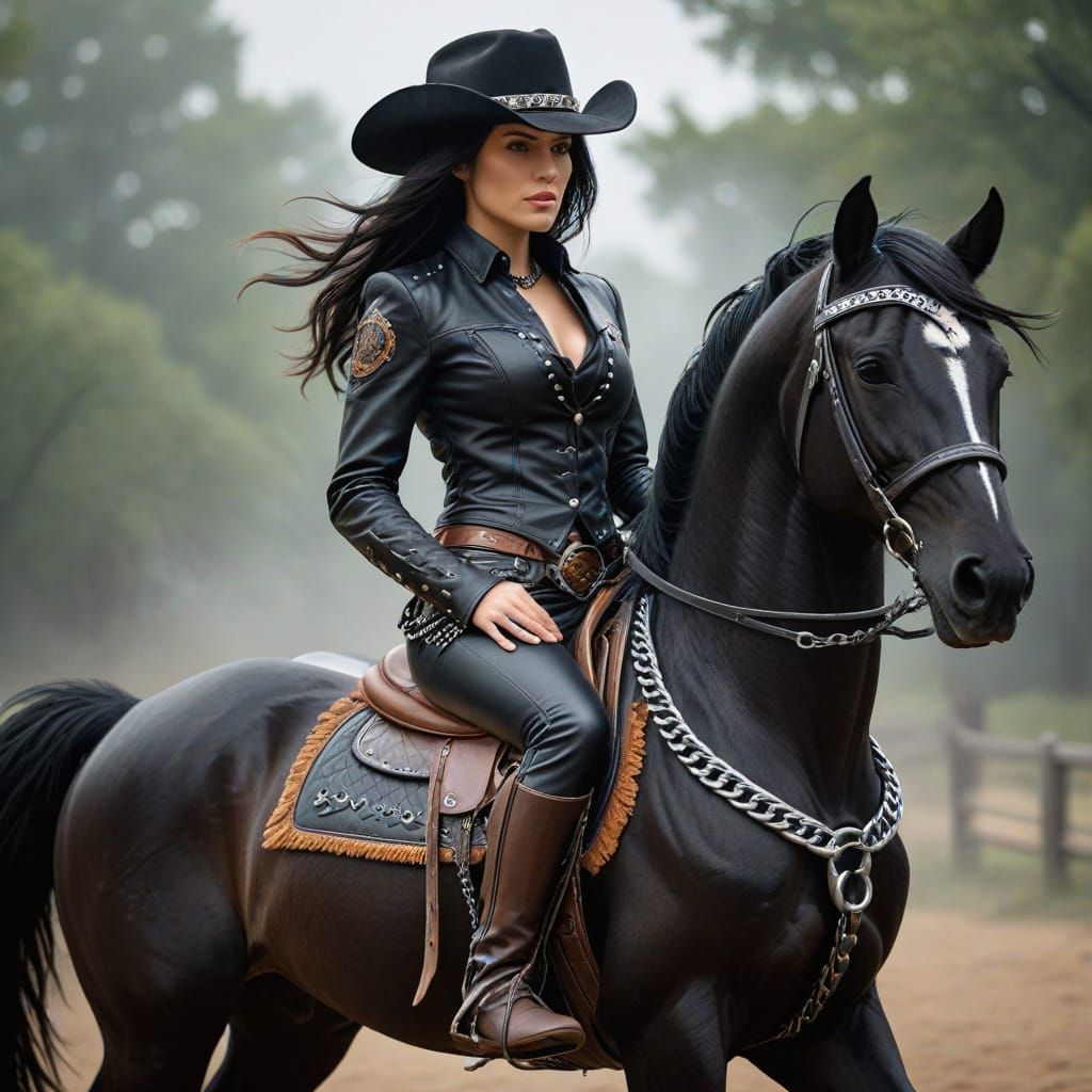 Cowgirl Rides Sleipnir in Leather and Chains