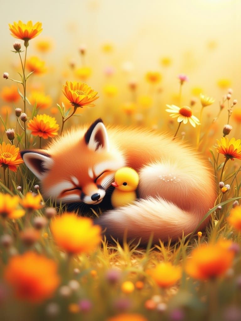 Adorable Fox and Duckling Napping in Wildflowers