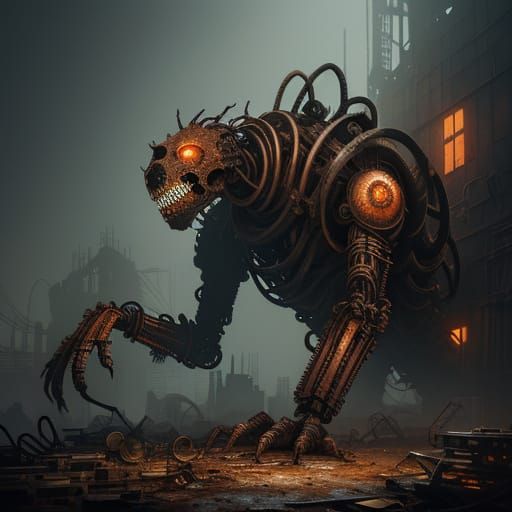 Twisted Rusty Mechanical Creature in Abandoned Factory