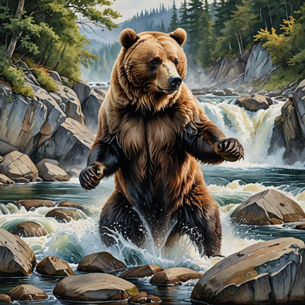 Brown Bear Hunting Fish in Norway, Watercolor Style