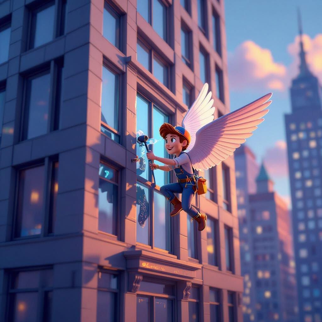 Magical Winged Window Washer in Pixar Style