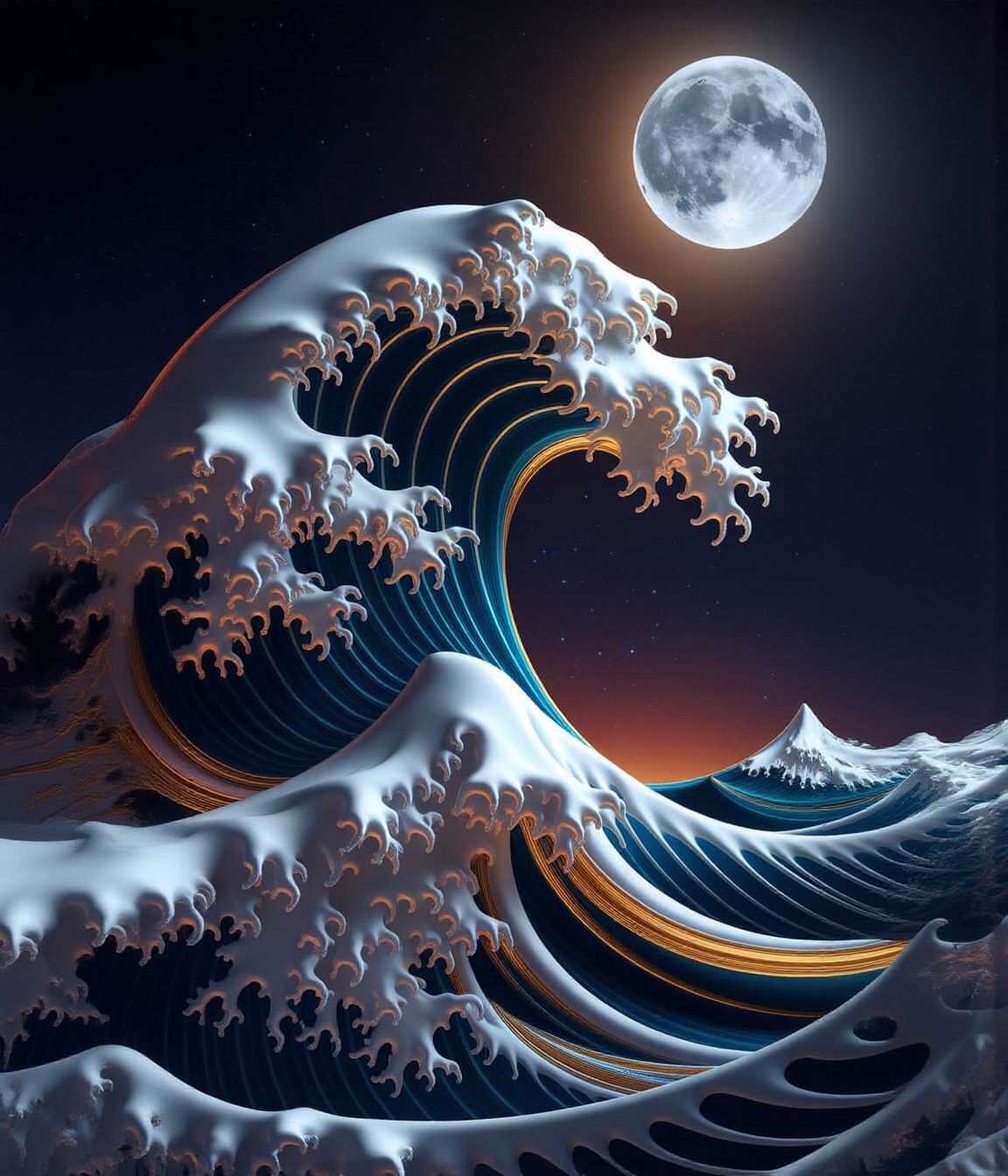 Porcelain Wave Under Moonlight in Digital Art Style