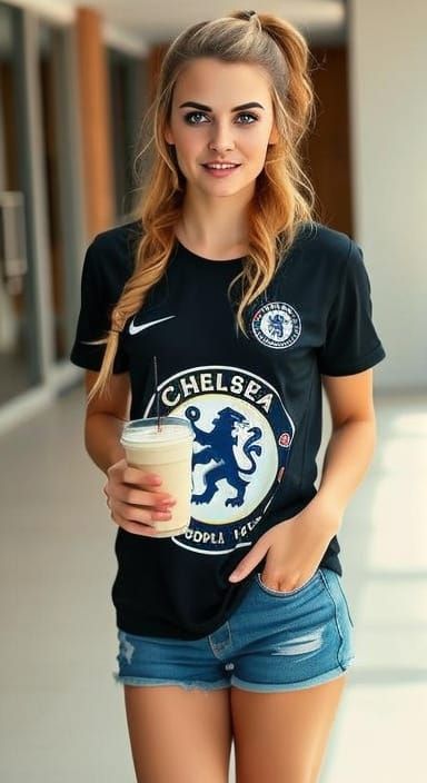 Woman with Blue Eyes in Chelsea Football Shirt