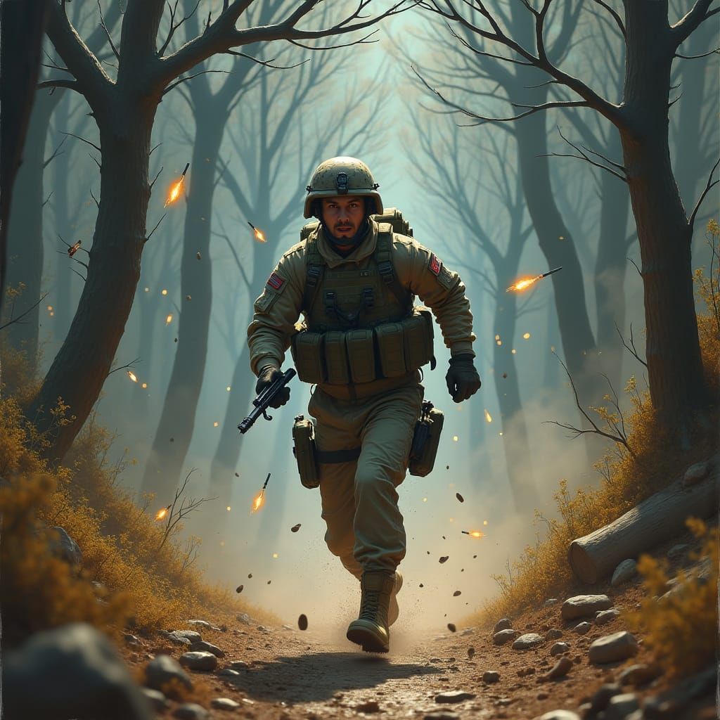 U.S. Soldier Runs Through Barrage in Dystopian Matte Paintin...
