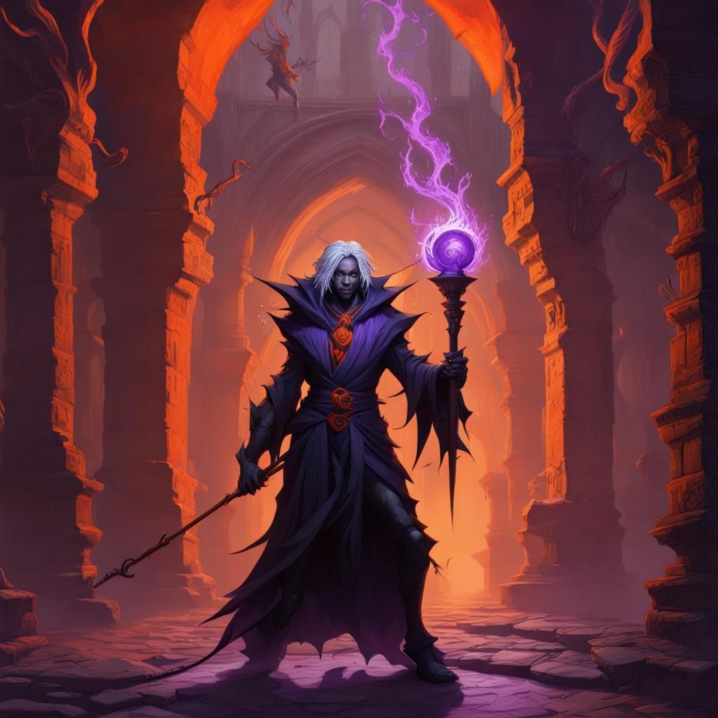 Drow Shadow Sorcerer in Subterranean City, Digital Art
