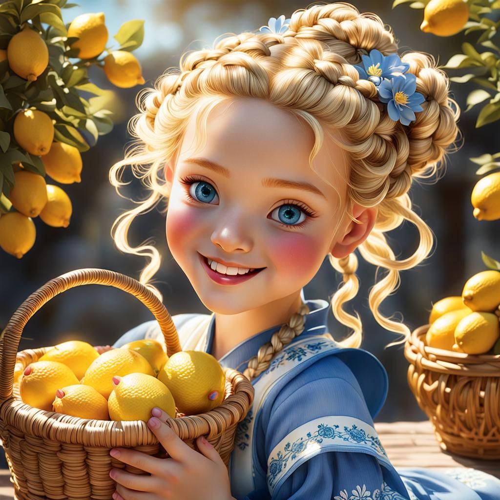 Girl with Lemons in Colored Pencil Style