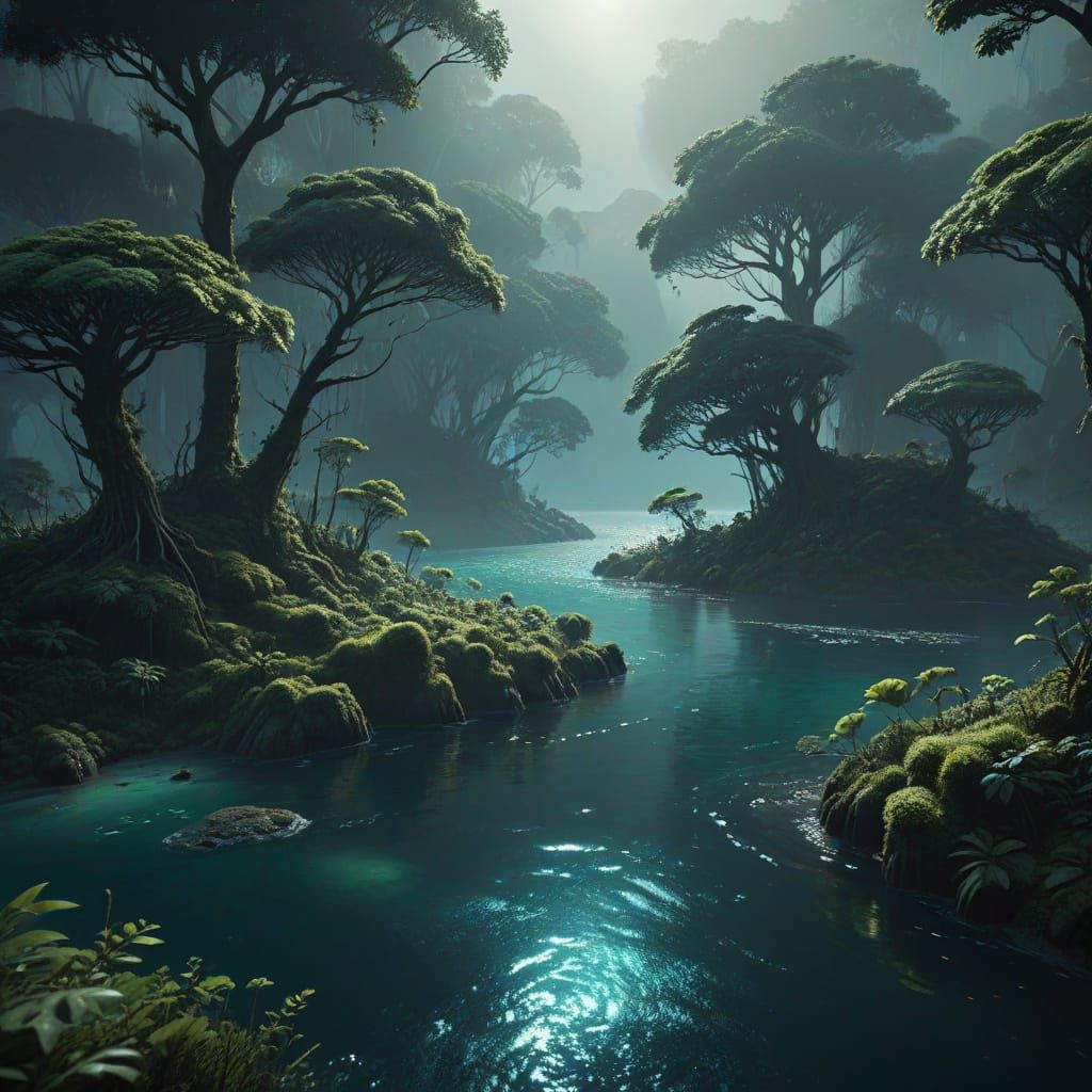 Drifting Forest Islands Above Ocean in Digital Matte Paintin...