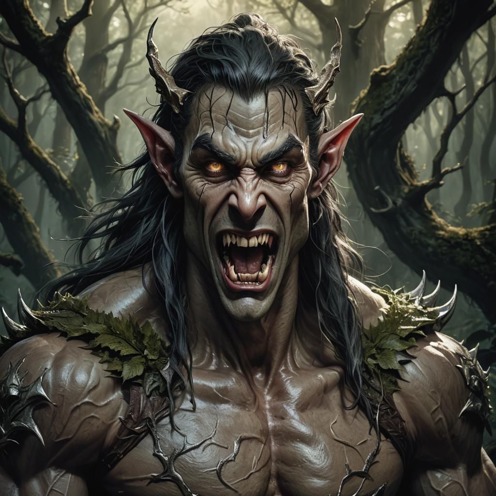 Dark Fantasy Elf with Beastly Form in Moody Forest