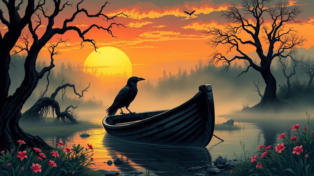 Raven perched on a decrepit boat, mist-shrouded swampy river...