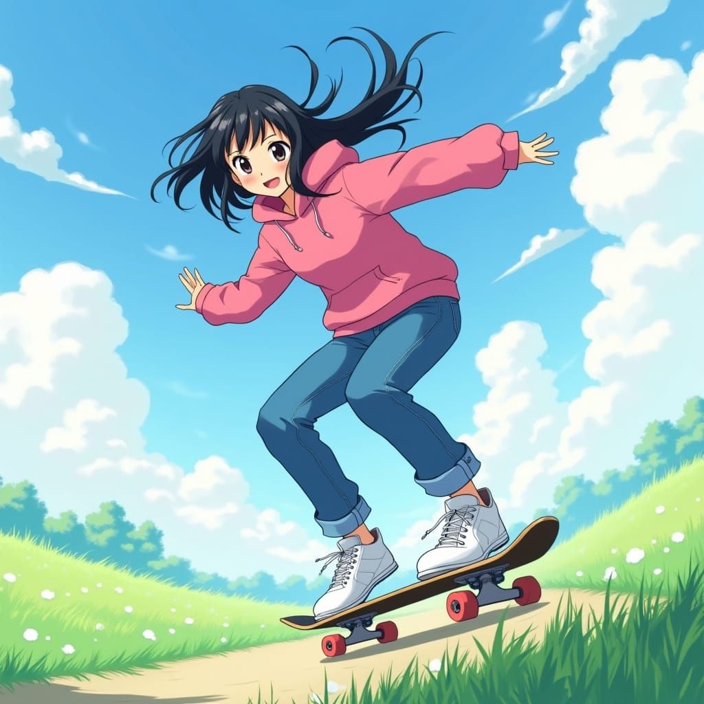 Asian Girl Skateboarding in Vibrant Spring Landscape Anime S...
