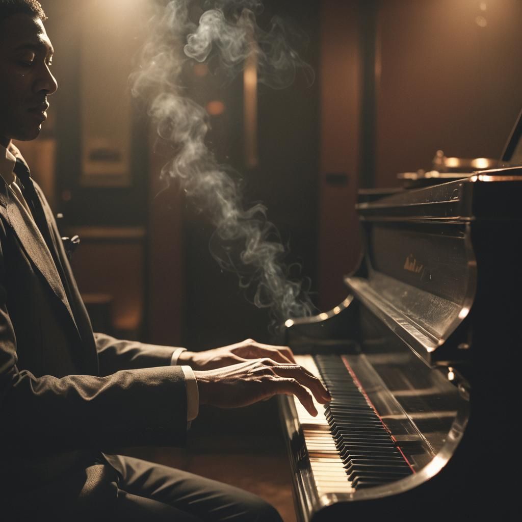 Pianist in Smoky Jazz Club: Cinematic Film Still
